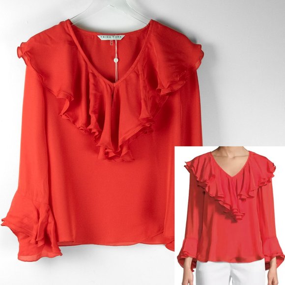 Trina Turk Tops - Trina Turk Lantana Blouse Bell Sleeve Tiered Ruffled Orange Red Size Small New